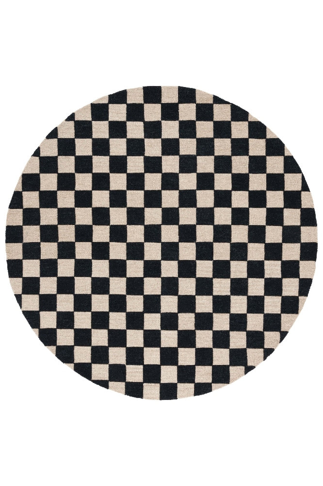 BLACK AND WHITE GEOMETRIC HAND TUFTED ROUND RUG