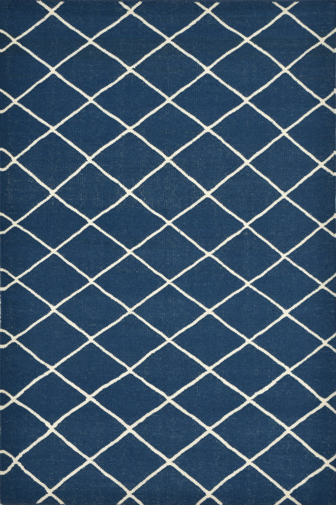 BLUE AND IVORY GEOMETRIC HAND WOVEN DHURRIE