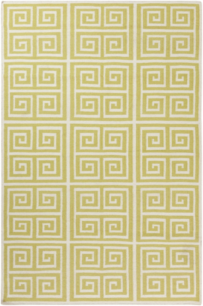 GREEN AND IVORY GEOMETRIC HAND WOVEN DHURRIE