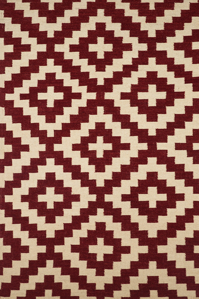 RED AND IVORY DIAMOND HAND WOVEN KILIM DHURRIE