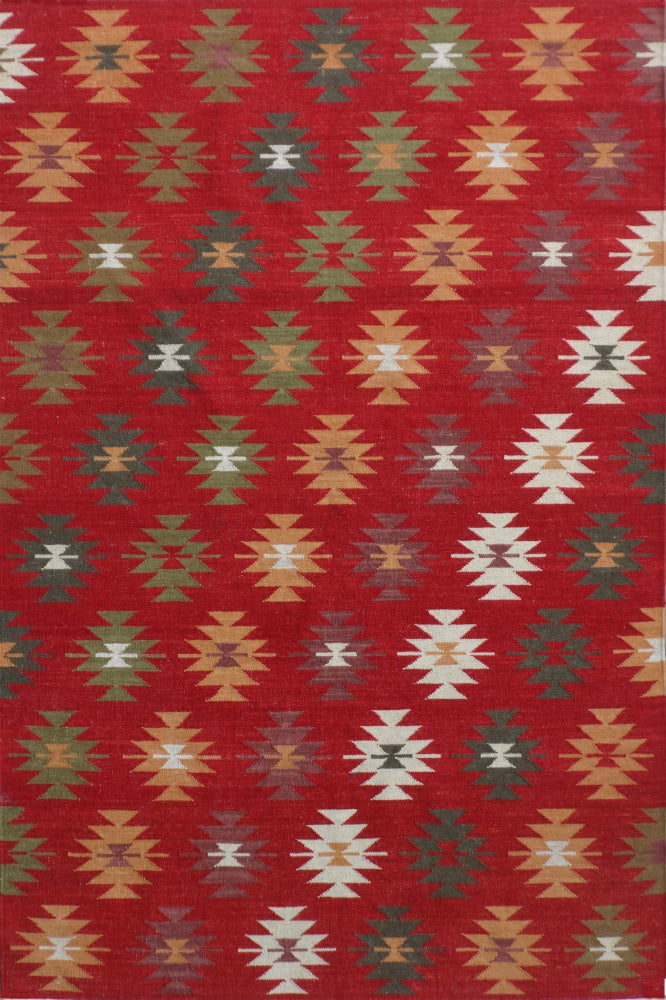 MULTICOLOR RED AZTEC HAND WOVEN KILIM DHURRIE