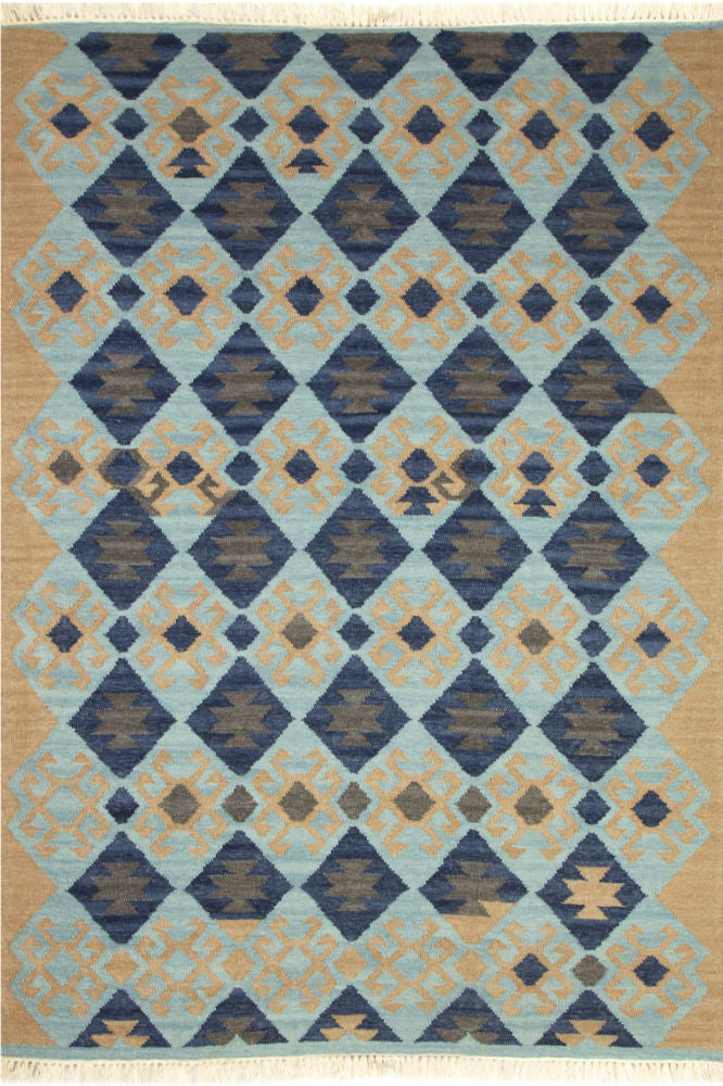 MULTICOLOR BLUE AZTEC HAND WOVEN KILIM DHURRIE
