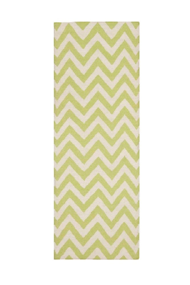 GREEN AND IVORY CHEVRON HAND WOVEN DHURRIE