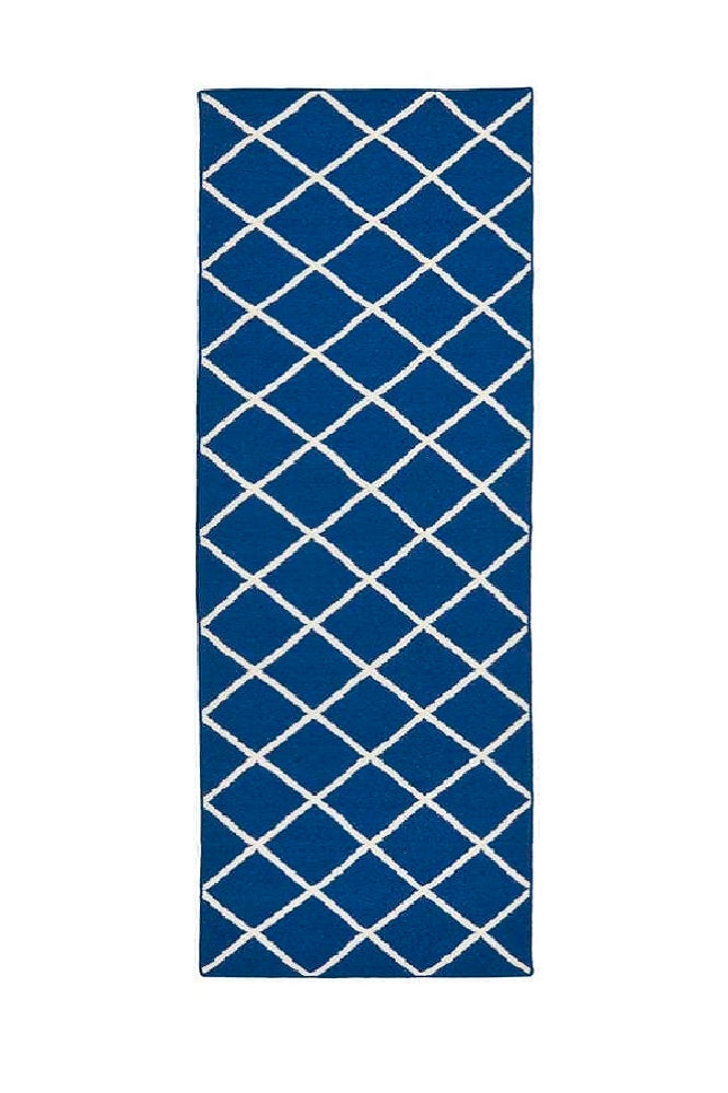 BLUE AND IVORY GEOMETRIC HAND WOVEN DHURRIE