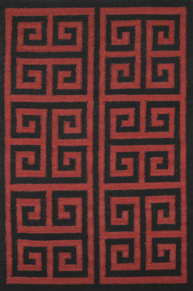 RED AND BLACK GREEK KEY HAND WOVEN DHURRIE
