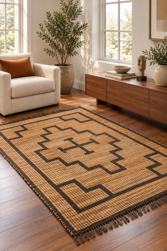 BROWN AND BEIGE TRIBAL JUTE RUG