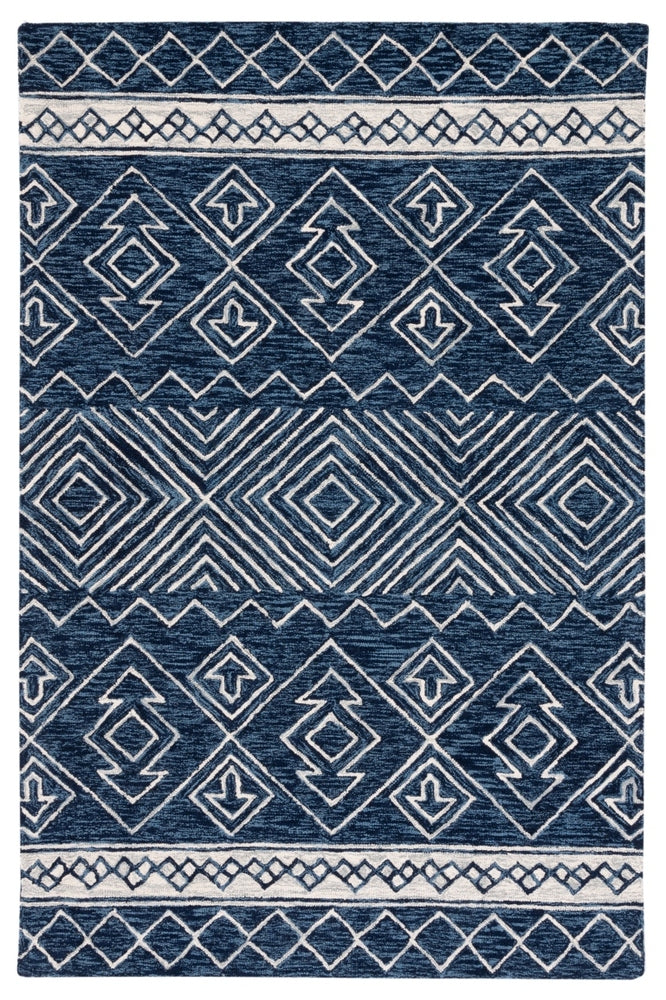 NAVY BLUE AND WHITE TRIBAL HAND TUFTED RUG