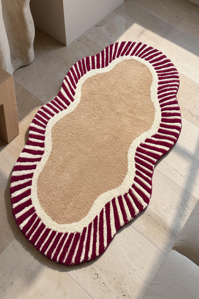 BEIGE & MAROON BORDER HAND TUFTED RUG