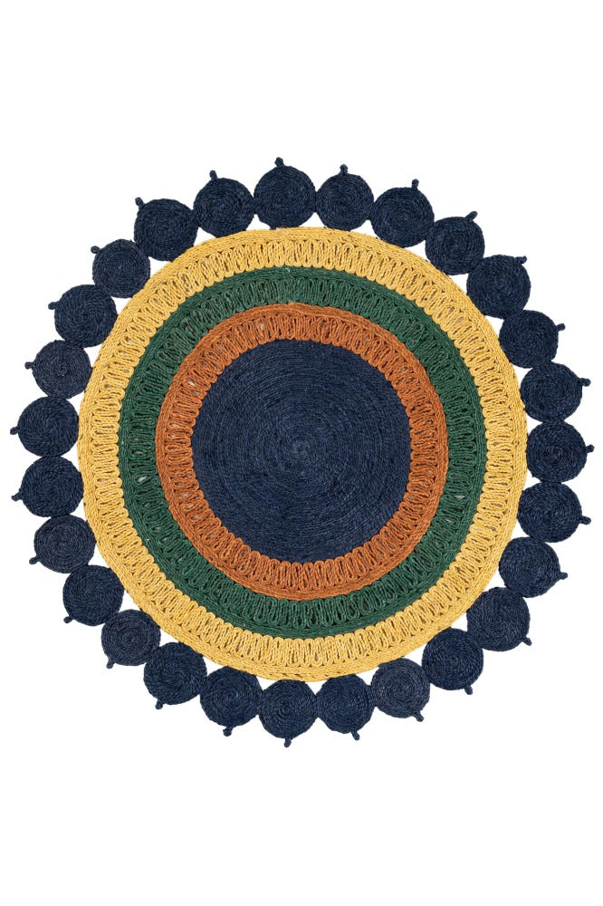 NAVY BLUE STRIPED HAND WOVEN ROUND JUTE RUG