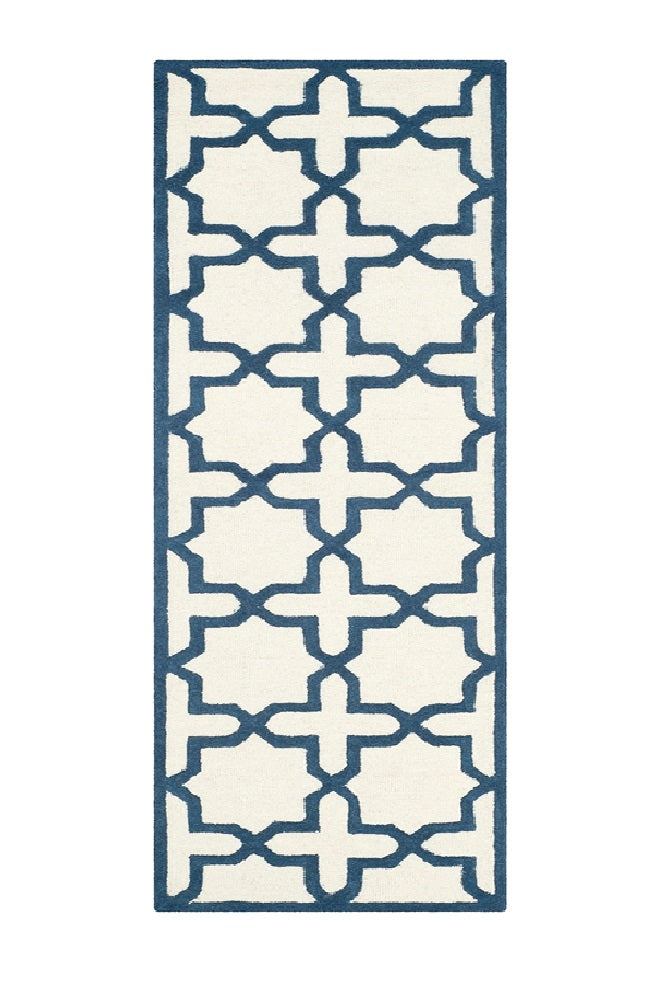 BLUE AND IVORY TRELLIS HAND TUFTED RUNNER CARPET