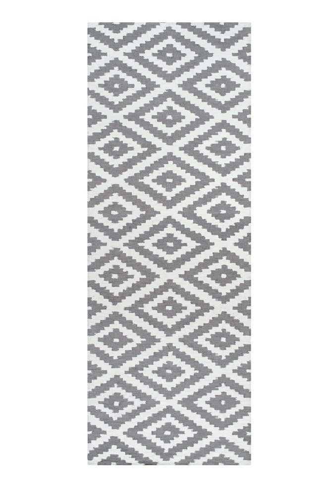 GREY AND WHITE GEOMETRIC HAND TUFTED RUNNER CARPET