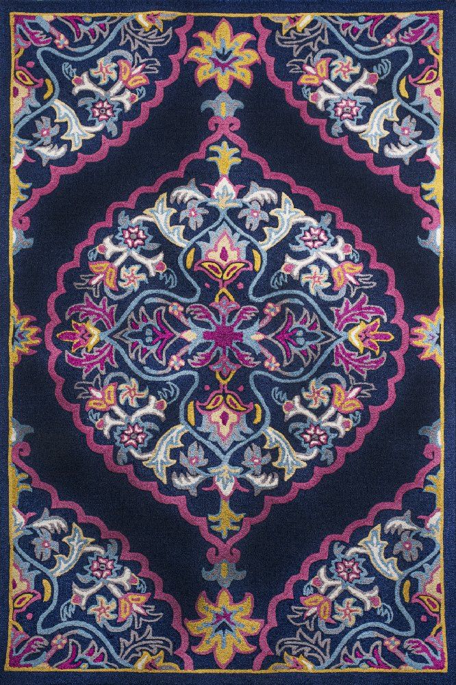 NAVY BLUE AND PINK MEDALLION HAND TUFTED CARPET
