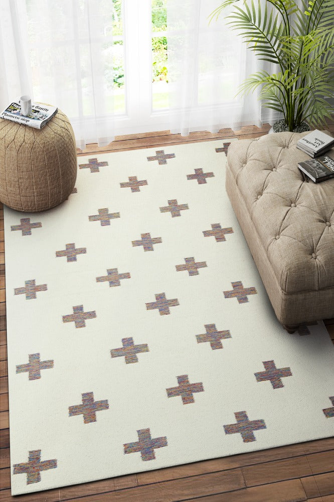 IVORY MULTICOLOR CROSS HAND WOVEN DHURRIE