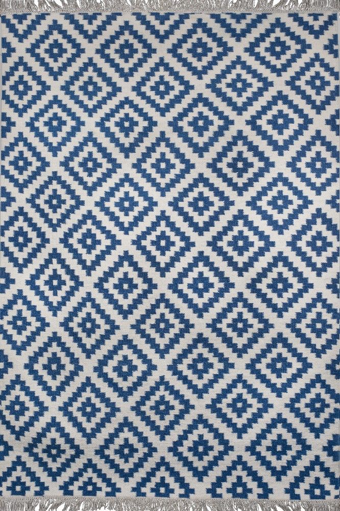 NAVY BLUE IVORY PIXEL KILIM HAND WOVEN DHURRIE