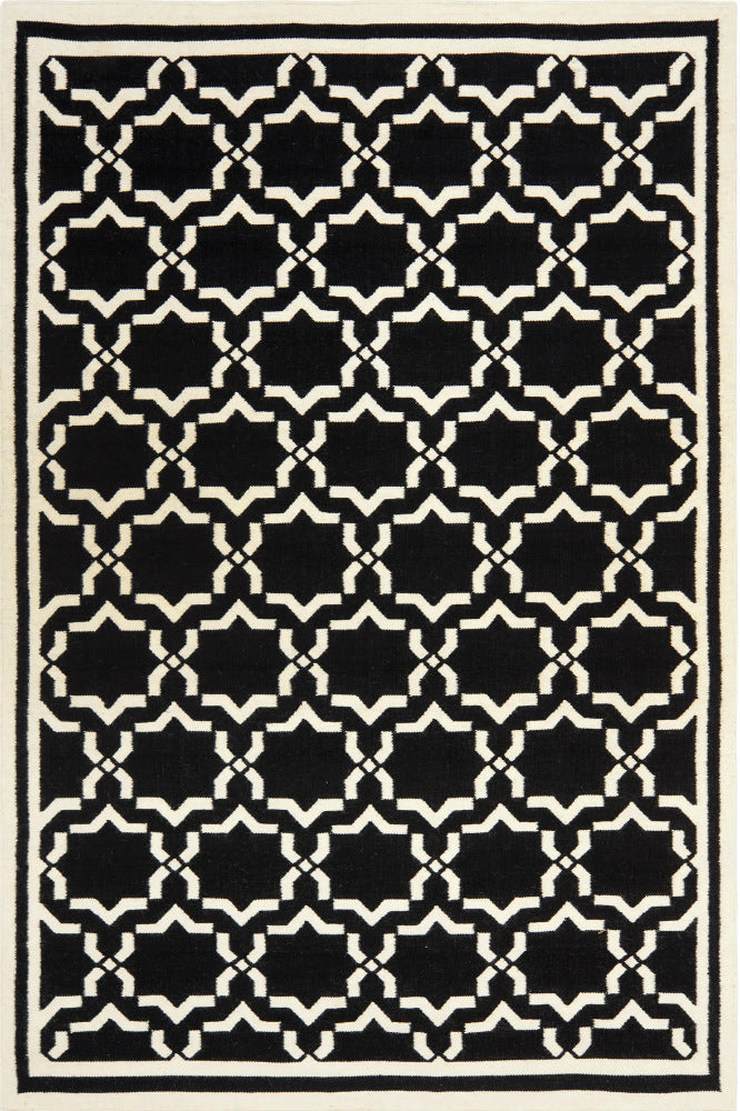 BLACK AND IVORY GEOMETRIC HAND WOVEN DHURRIE