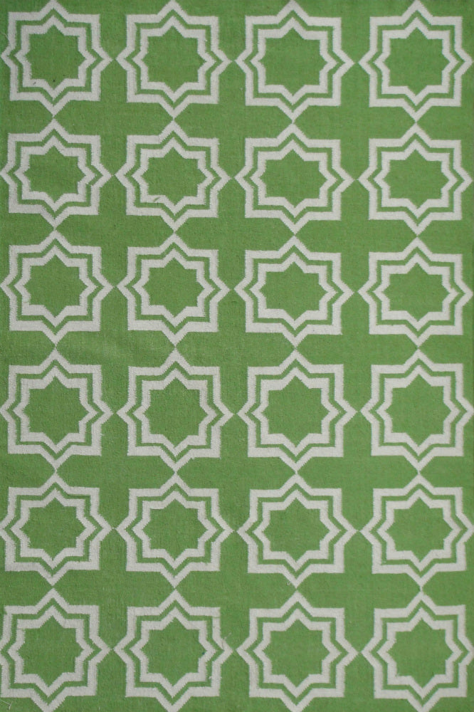 GREEN AND IVORY GEOMETRIC HAND WOVEN DHURRIE