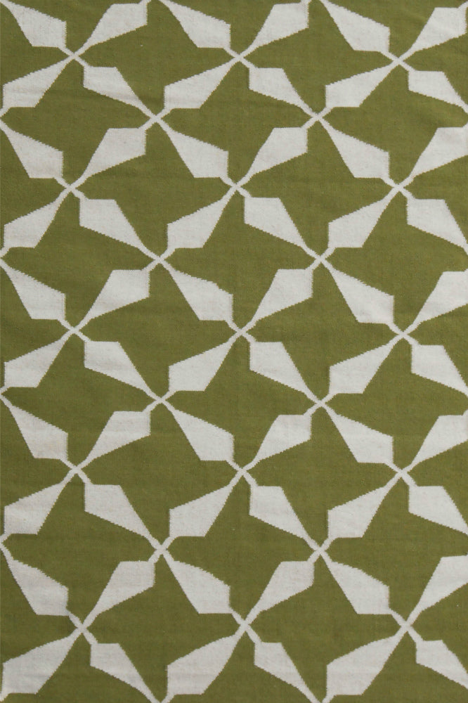 GREEN AND WHITE GEOMETRIC HAND WOVEN DHURRIE