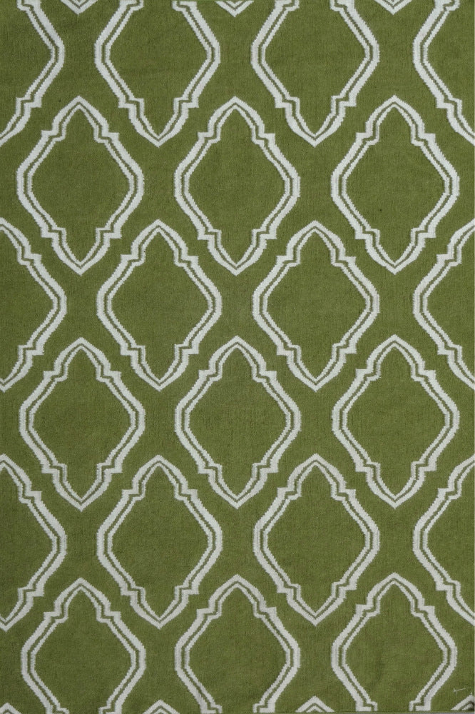 GREEN AND IVORY GEOMETRIC HAND WOVEN DHURRIE