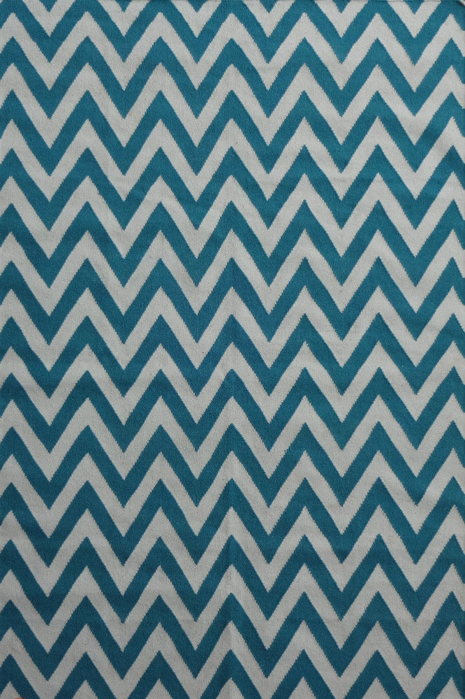 BLUE AND IVORY CHEVRON HAND WOVEN DHURRIE
