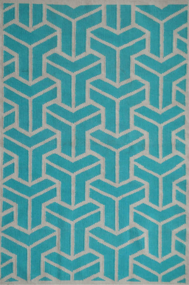 BLUE AND IVORY GEOMETRIC HAND WOVEN DHURRIE