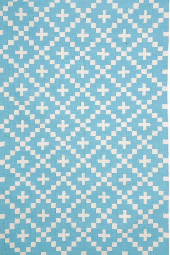 BLUE AND IVORY PIXEL HAND WOVEN DHURRIE