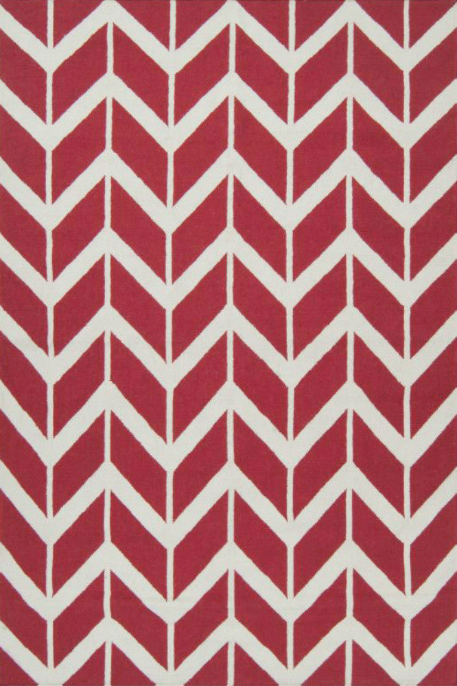 RED AND IVORY HERRINGBONE HAND WOVEN DHURRIE