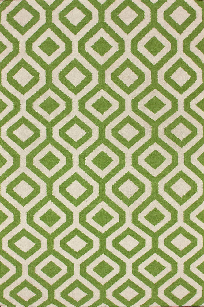 GREEN AND IVORY DIAMOND HAND WOVEN DHURRIE