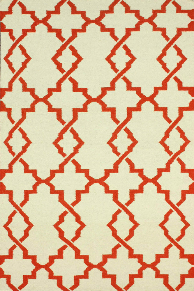 IVORY AND RED TRELLIS HAND WOVEN DHURRIE