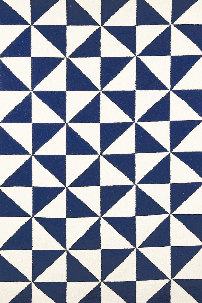 BLUE AND IVORY DIAMOND HAND WOVEN DHURRIE