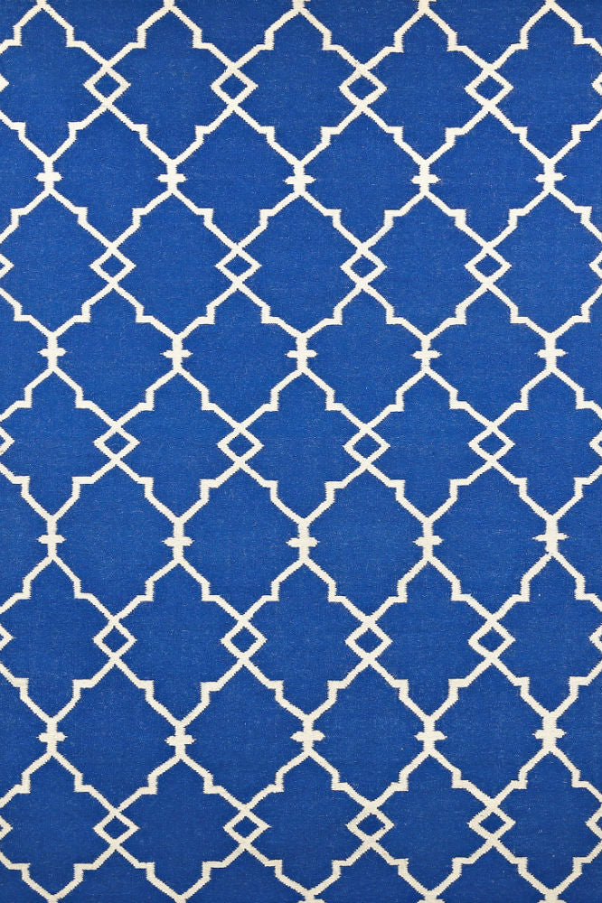 BLUE AND IVORY MOROCCAN HAND WOVEN DHURRIE