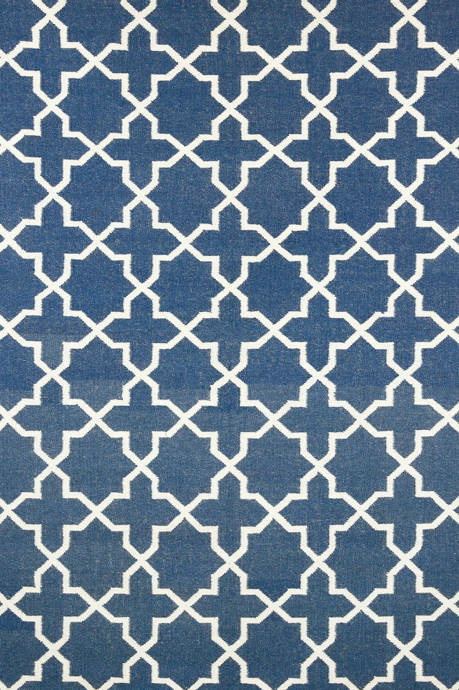 BLUE AND IVORY TRELLIS HAND WOVEN DHURRIE
