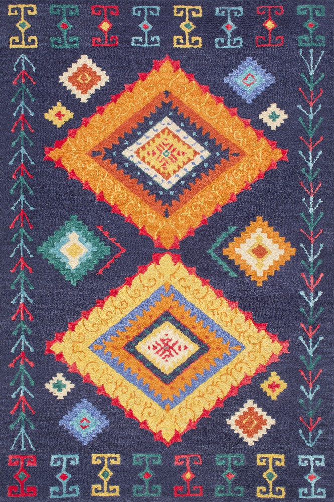 NAVY BLUE MULTICOLOR GEOMETRIC HAND TUFTED CARPET