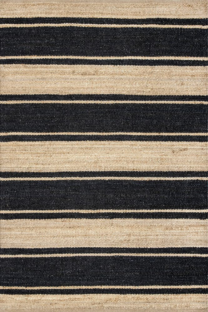 BLACK AND NATURAL STRIPES JUTE KILIM HAND WOVEN DHURRIE