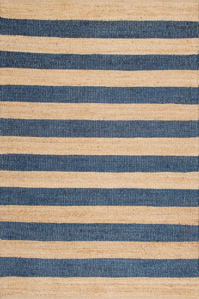 BLUE AND NATURAL STRIPES JUTE KILIM HAND WOVEN DHURRIE