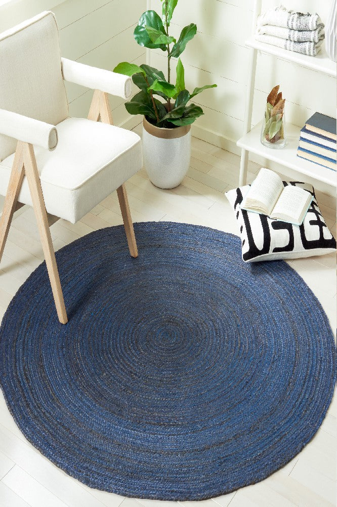 BLUE ROUND JUTE HAND WOVEN DHURRIE