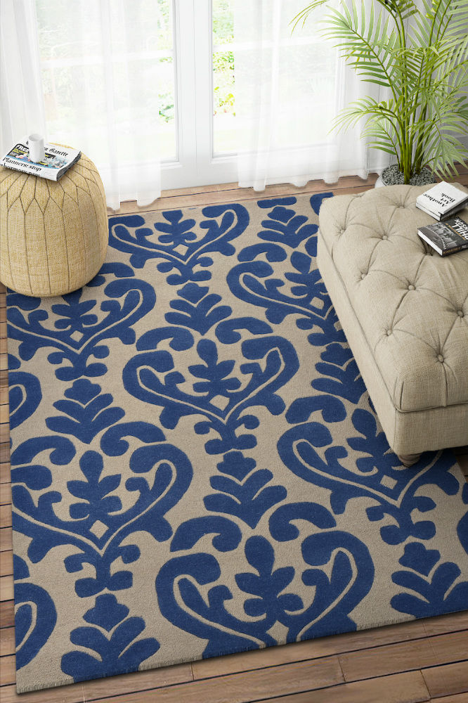 BLUE AND GREY DAMASK HAND TUFTED CARPET