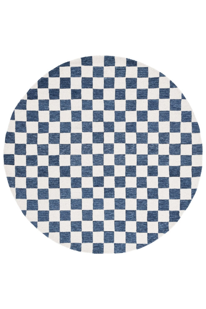 IVORY BLUE GEOMETRIC HAND TUFTED ROUND RUG