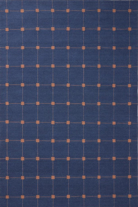 CLASSIC NAVY BLUE RUST HAND WOVEN WOOL DHURRIE luxury rug India