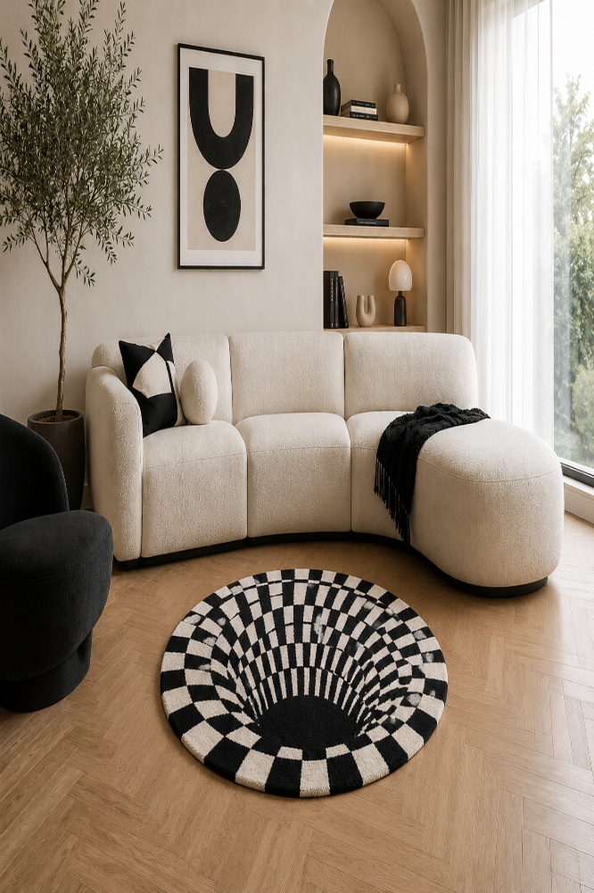BLACK AND WHITE VORTEX  ROUND HAND TUFTED RUG