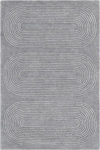 A square gray area rug featuring a modern geometric pattern of three large, stacked horizontal oval tracks with concentric textured lines.