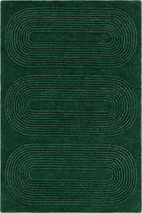 A dark green area rug featuring a modern geometric pattern of three large, horizontal, wavy oval shapes with concentric lines.