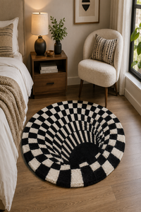 A round shag area rug with a black and off-white optical illusion spiral pattern, styled on a light wood floor in a modern bedroom setting.