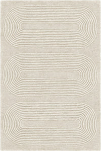 A square area rug with a textured, low-pile surface featuring three large, stacked horizontal oval motifs in a light beige tone on a slightly warmer off-white background.