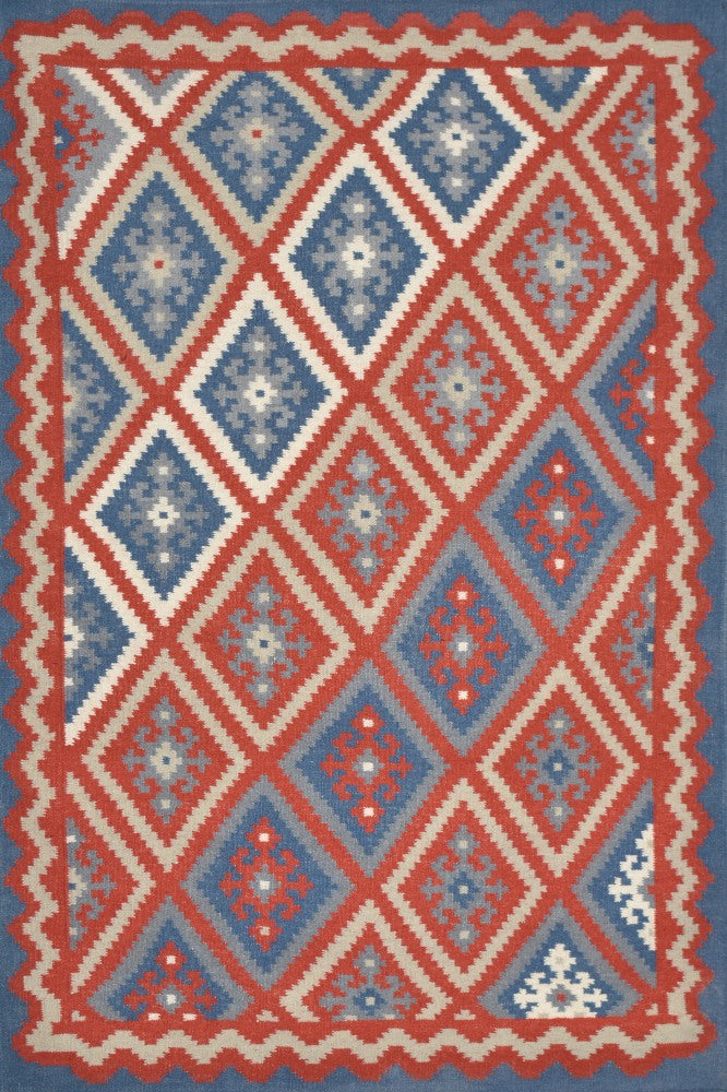 BLUE RED AZTEC HAND WOVEN KILIM DHURRIE