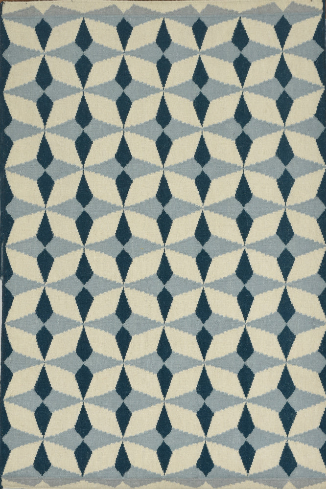 BLUE AND WHITE GEOMETRIC HAND WOVEN DHURRIE