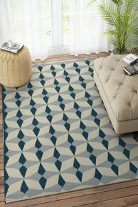 BLUE AND WHITE GEOMETRIC HAND WOVEN DHURRIE by Imperial Knots - Image 2