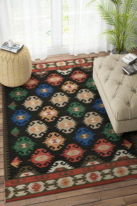 MULTICOLOR BLACK AZTEC HAND WOVEN KILIM DHURRIE by Imperial Knots - Image 2