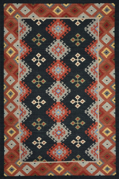 MULTICOLOR BLACK KILIM HAND WOVEN DHURRIE