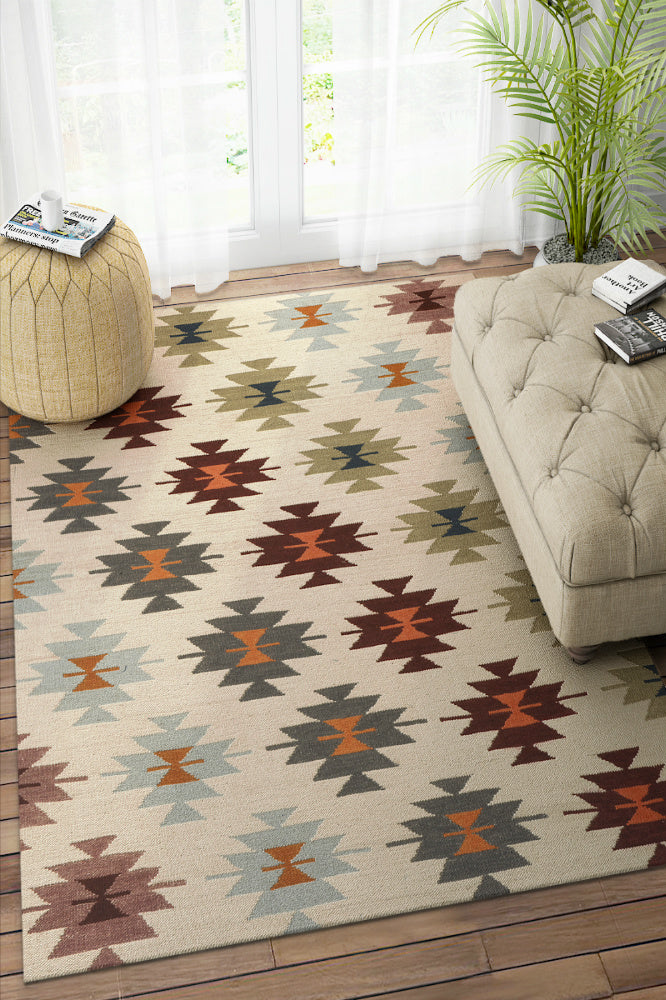 IVORY MULTICOLOR AZTEC HAND WOVEN KILIM DHURRIE by Imperial Knots - Image 2