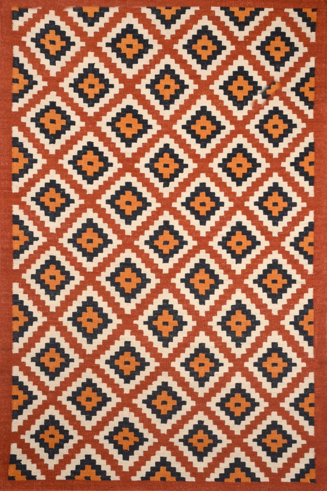 RUST AND IVORY PIXEL HAND WOVEN KILIM DHURRIE